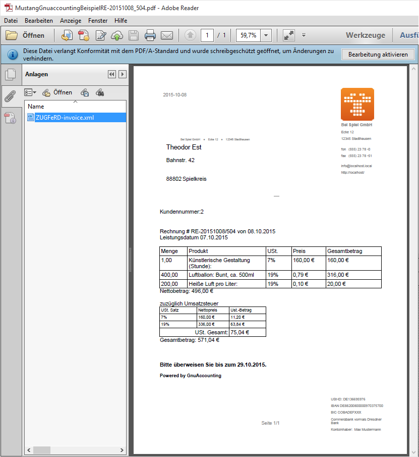 Screenshot eines Acrobat Adobe PDF Reader der eine ZUGFeRD-Rechnung mit geöffnetem Reiter für Dateianhänge zeigt Screenshot eines Acrobat Adobe PDF Reader der eine Factur-X-Rechnung mit geöffnetem Reiter für Dateianhänge zeigt